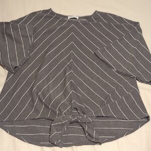 Ces Femme Gray Striped Short-Sleeve Tie-Front Top